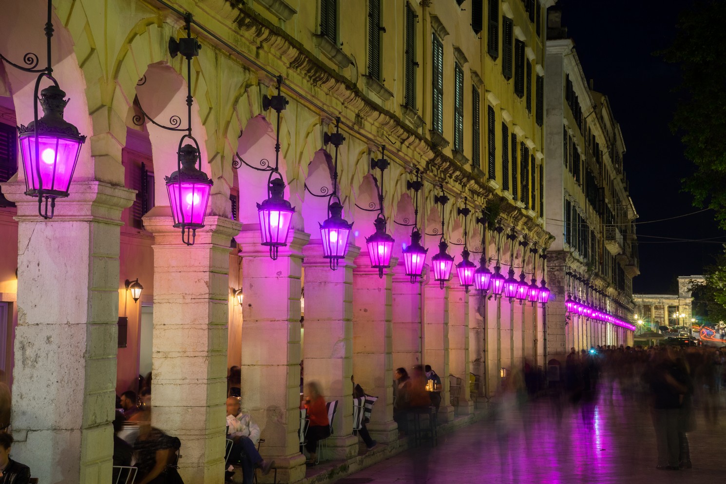 Holy week with purple lanterns on Liston Square, Corfu, Greece
