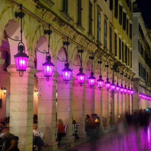 Holy week with purple lanterns on Liston Square, Corfu, Greece